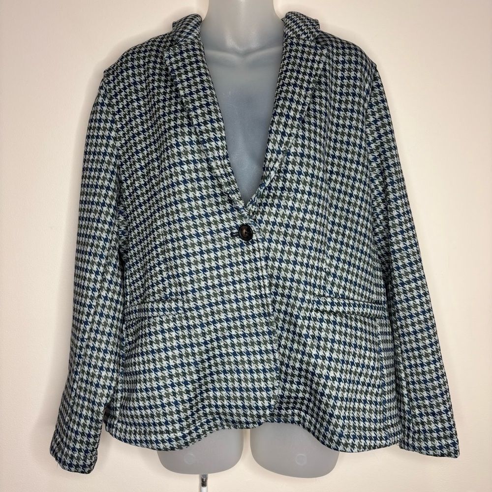 Lands End 100% Cotton Blazer houndstooth print blue green size XL Preppy NWT
